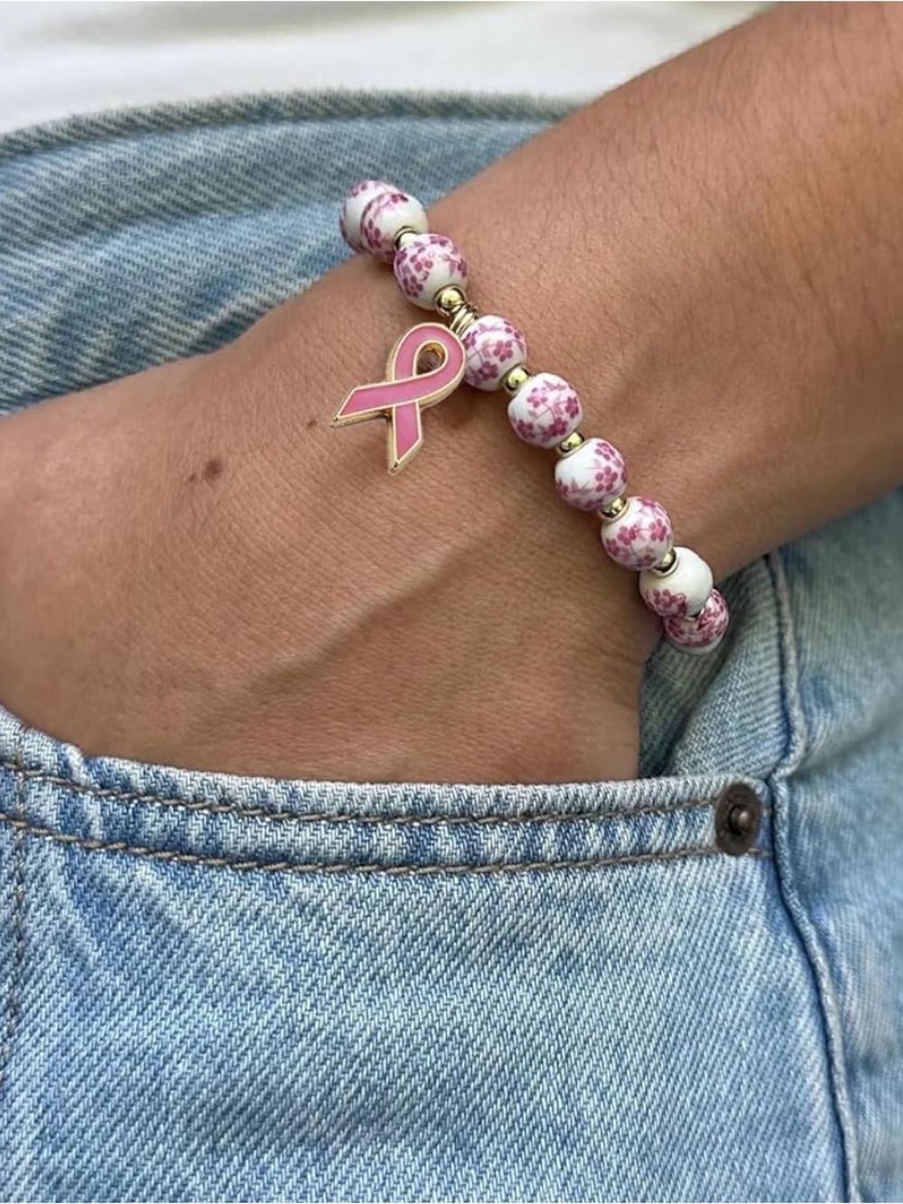 Anthropologie Pink Floral Bead Bracelet with Pink Ribbon Charm